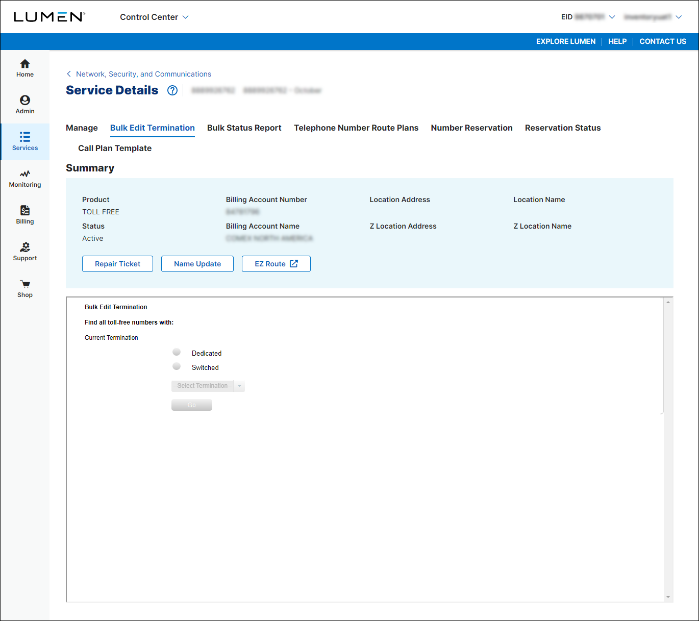 Service Details for toll free service (showing Bulk Edit Termination tab)