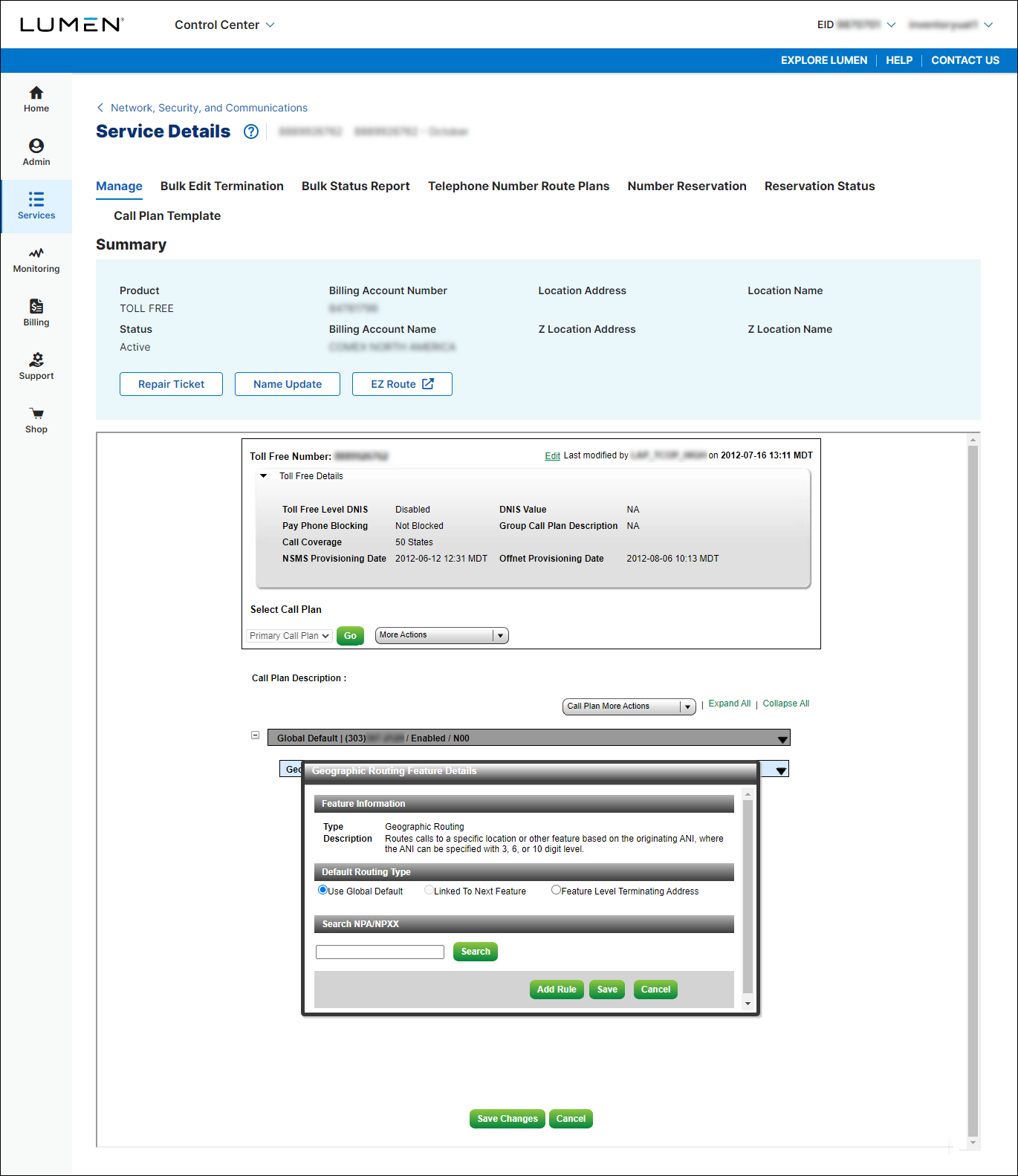 Service Details for toll free service (showing Geographic Routing Feature Details)