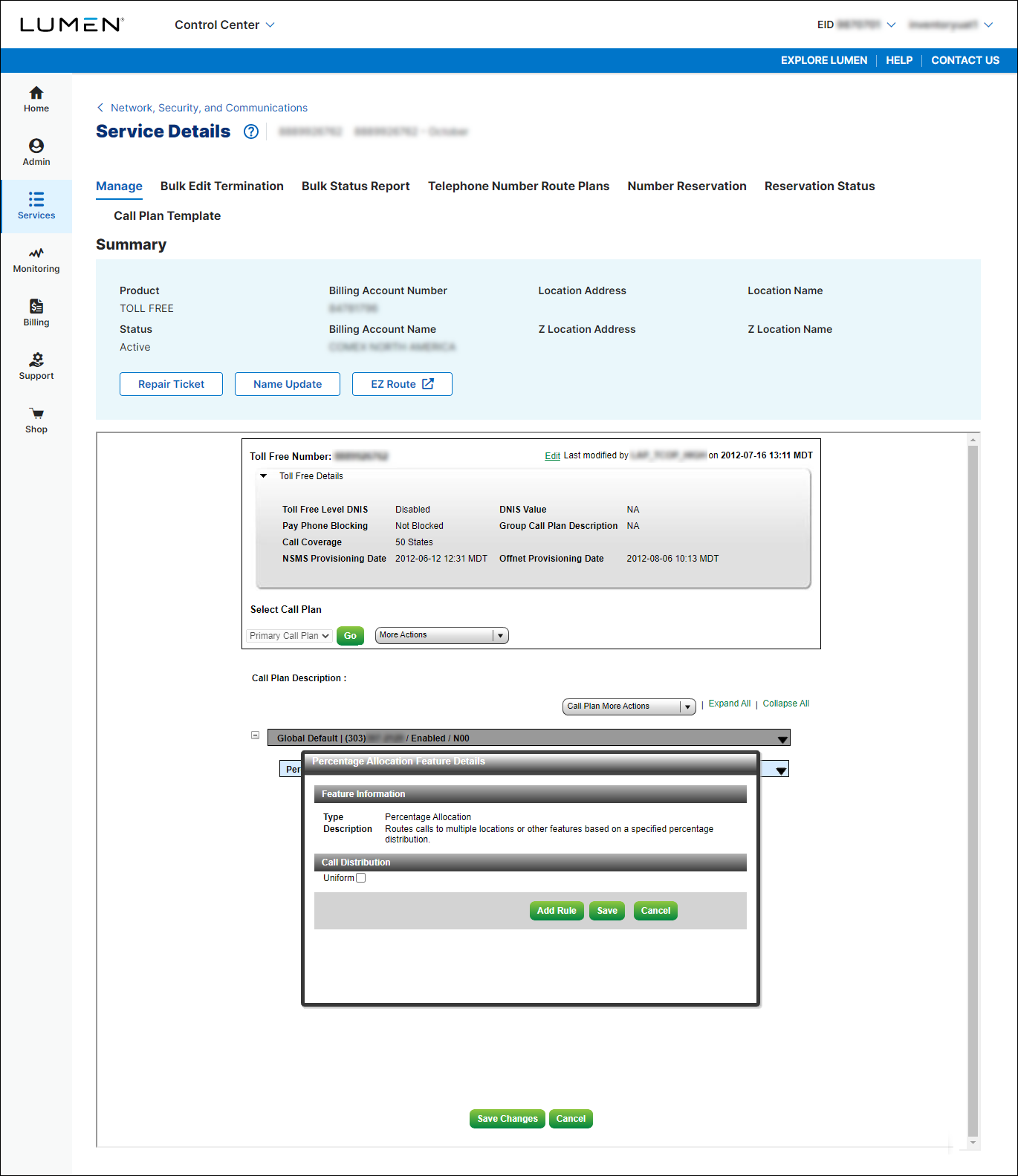 Service Details for toll free service (showing Percentage Allocation Feature Details)