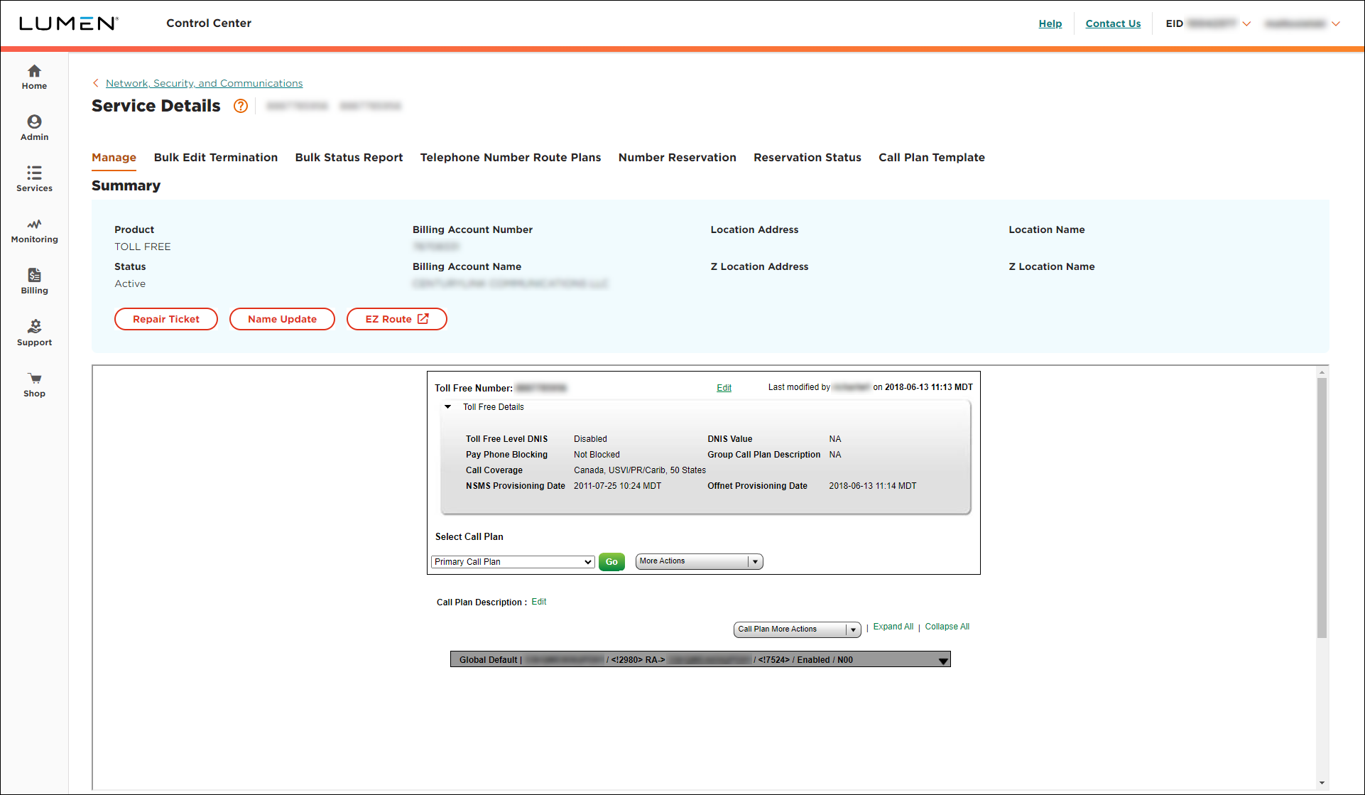 Service Details for toll free service (showing editable call plan)