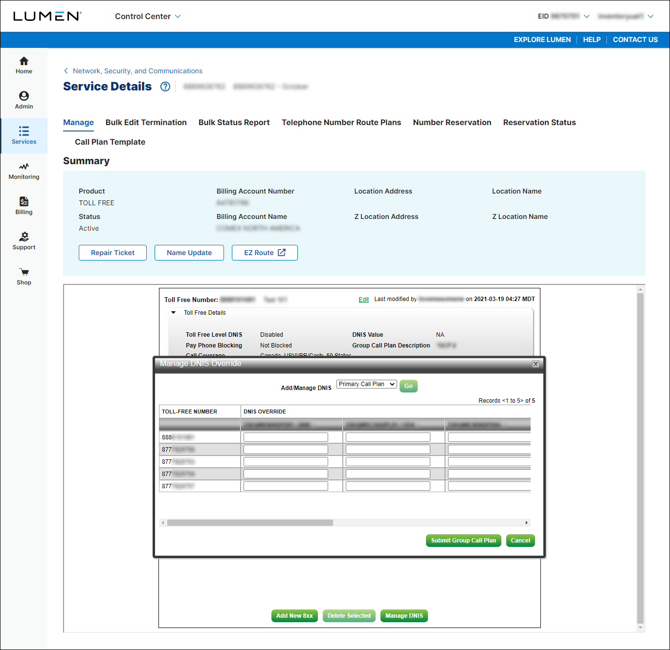Service Details for toll free service (showing Manage DNIS Override)