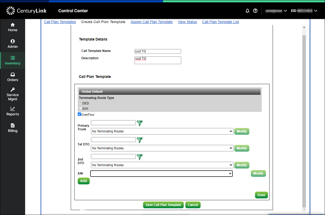 whsl inventory tfn call plan template create new terminating route type ded overflow