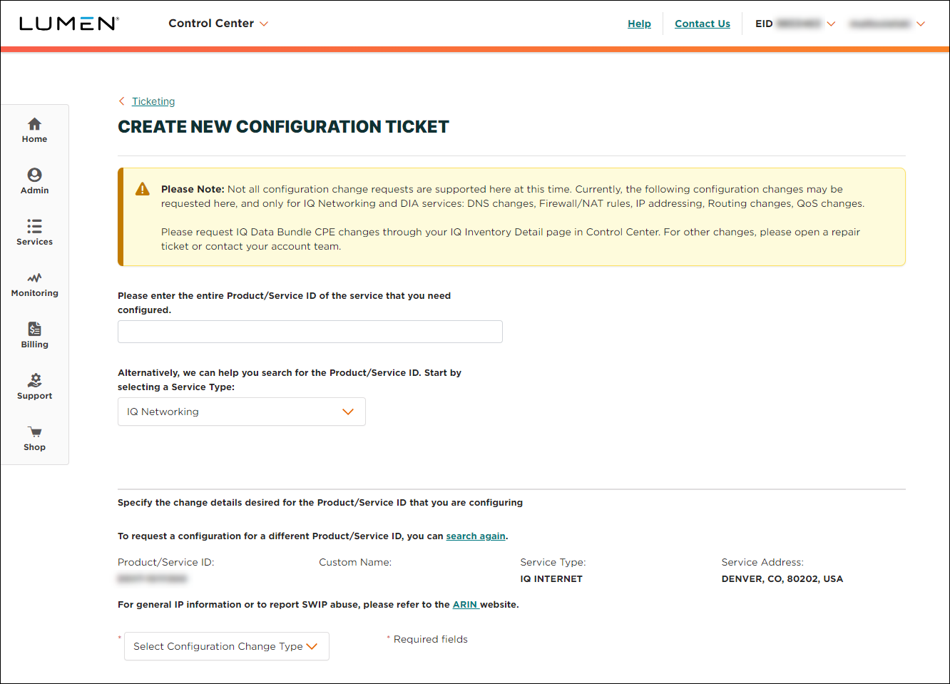 Create New Configuration Request (after selecting product ID)