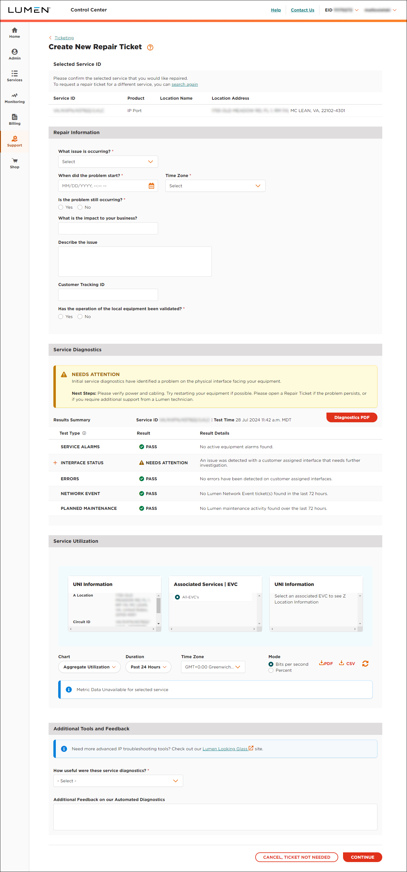 Create New Repair Ticket (showing diagnostic testing)