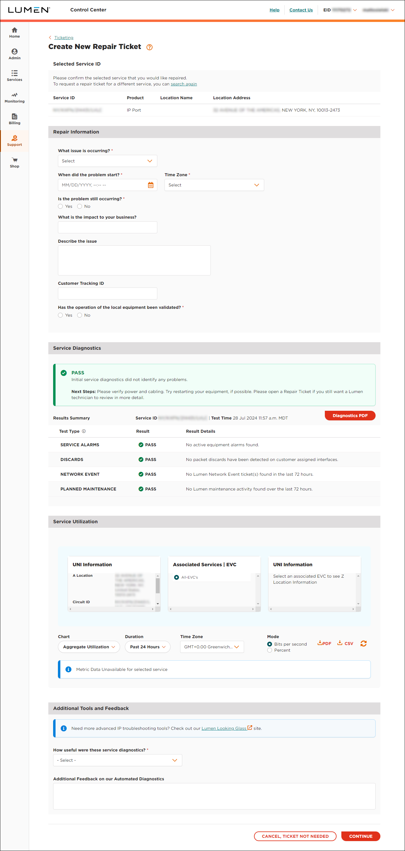 Create New Repair Ticket (showing diagnostic testing pass)