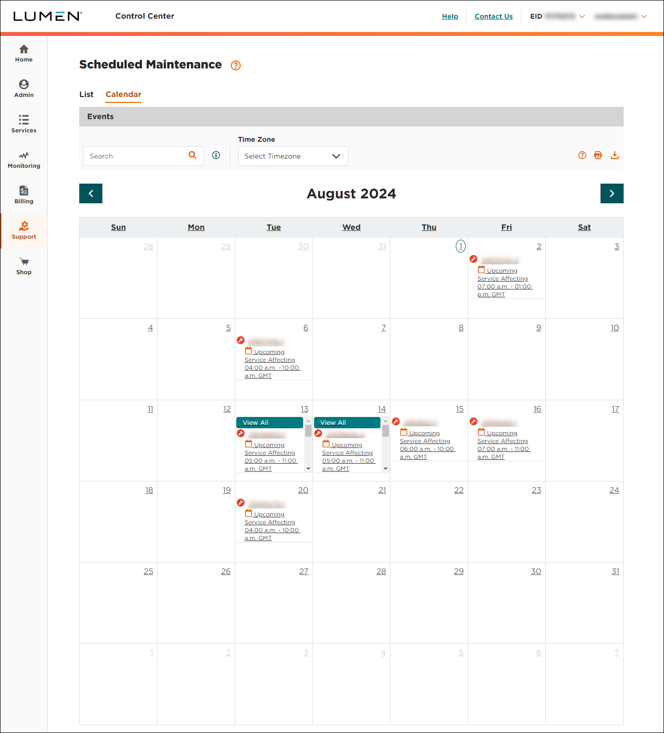 Scheduled Maintenance (showing calendar view)