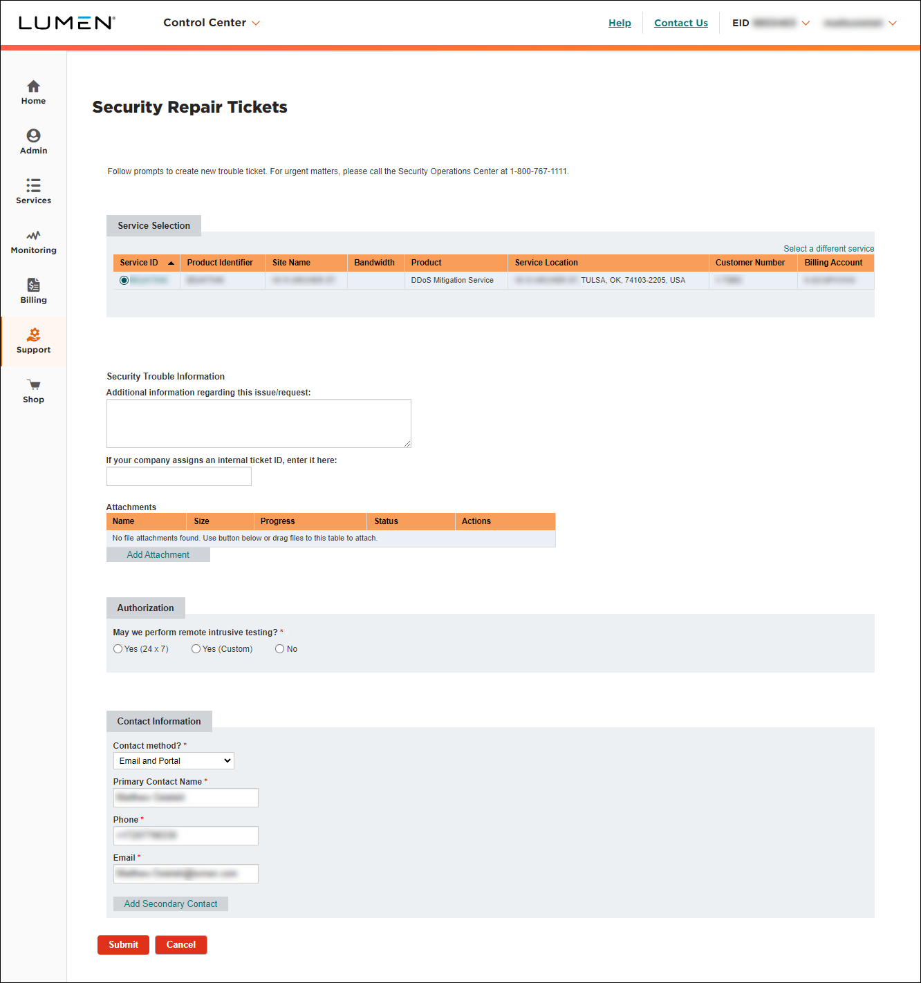 Security Trouble Tickets (with service ID selected)