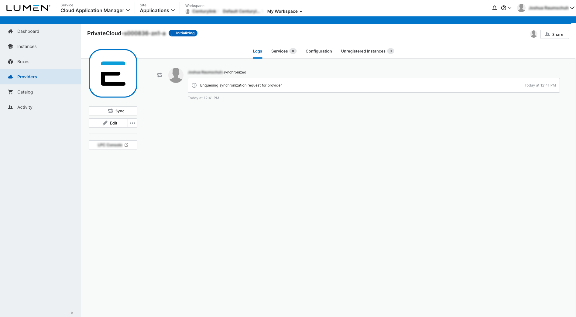 Cloud Application Manager showing LPC on VCF provider.