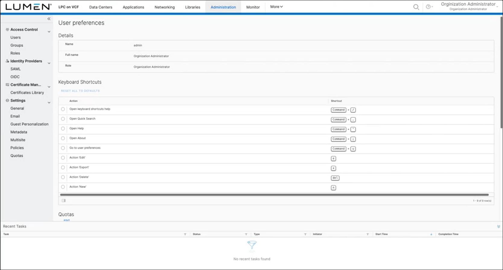 LPC on VCF Administration screen