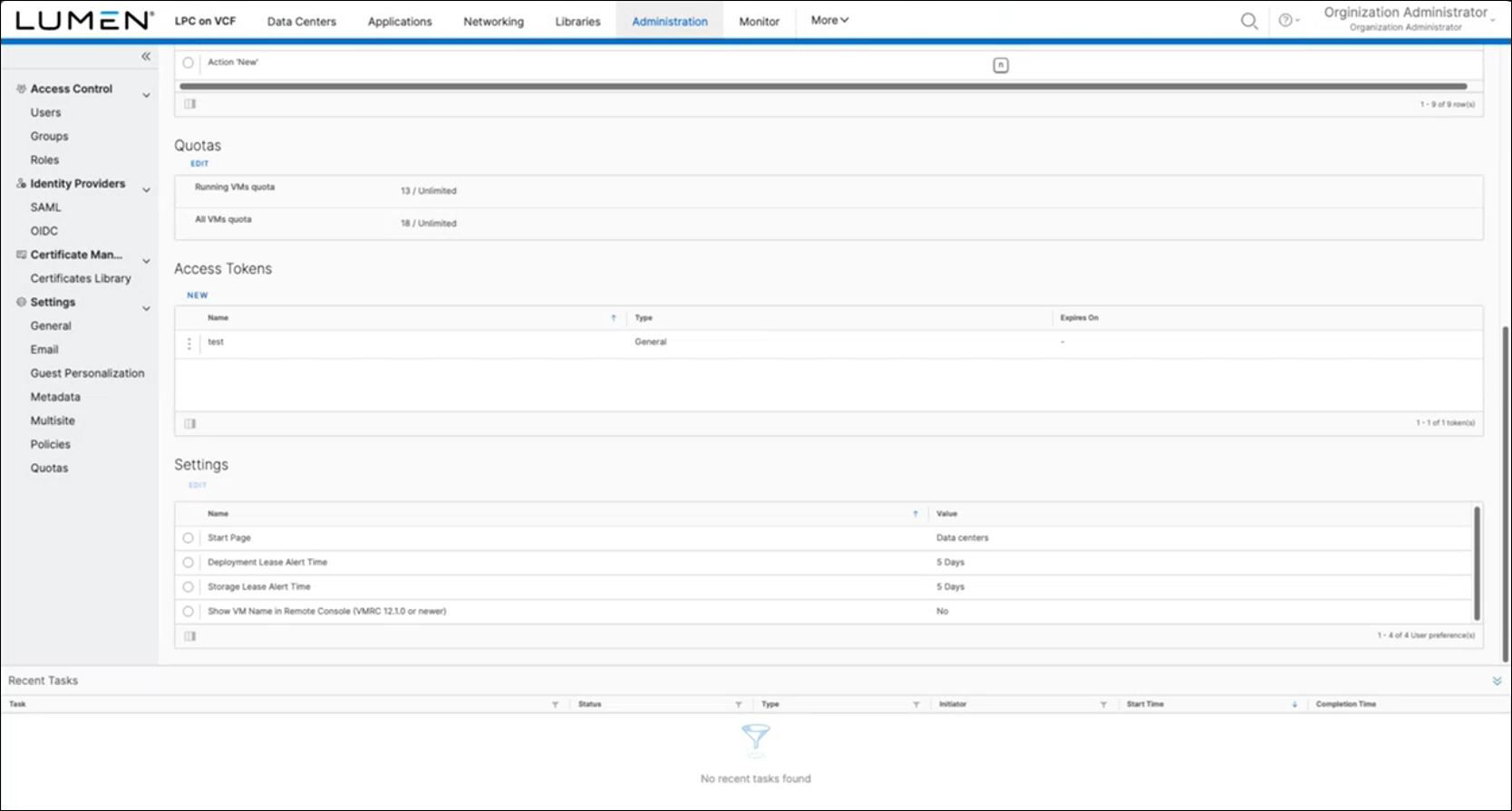 LPC on VCF Administration screen