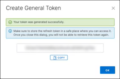 Create General Token window showing the authentication token.