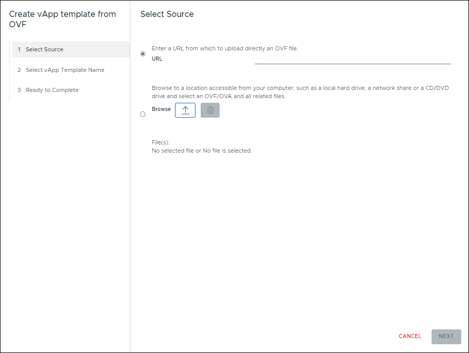 Create vApp template from OVF window, Select Source section