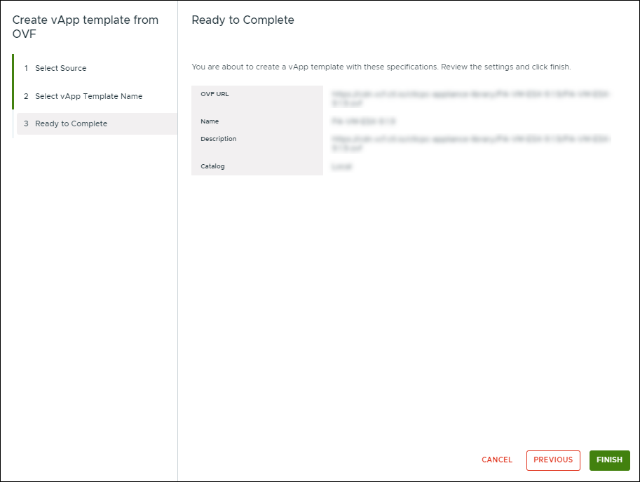 Create vApp template from OVF window, Ready to Complete section