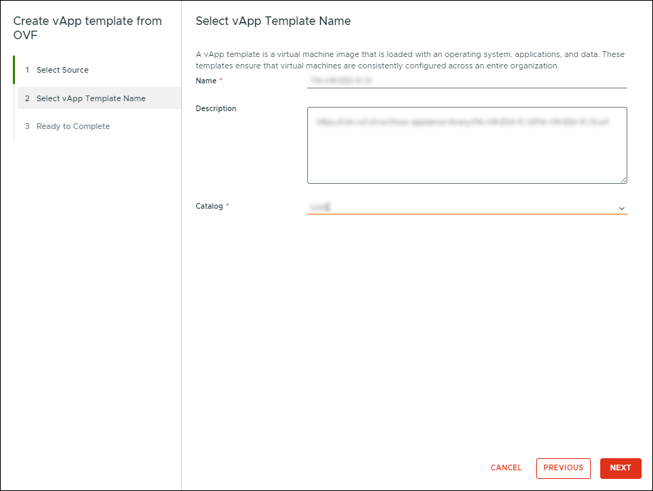 Create vApp template from OVF window, Select vApp Template Name section