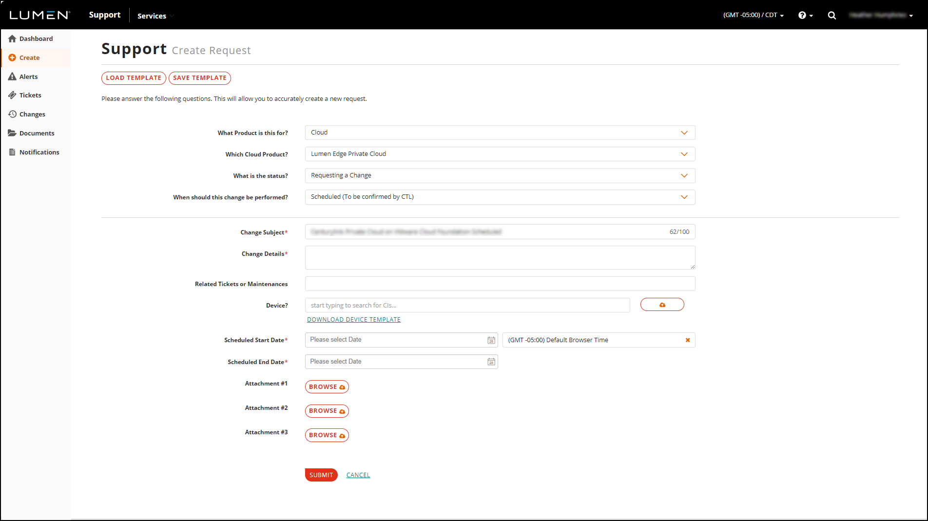 The Managed Support request screen.