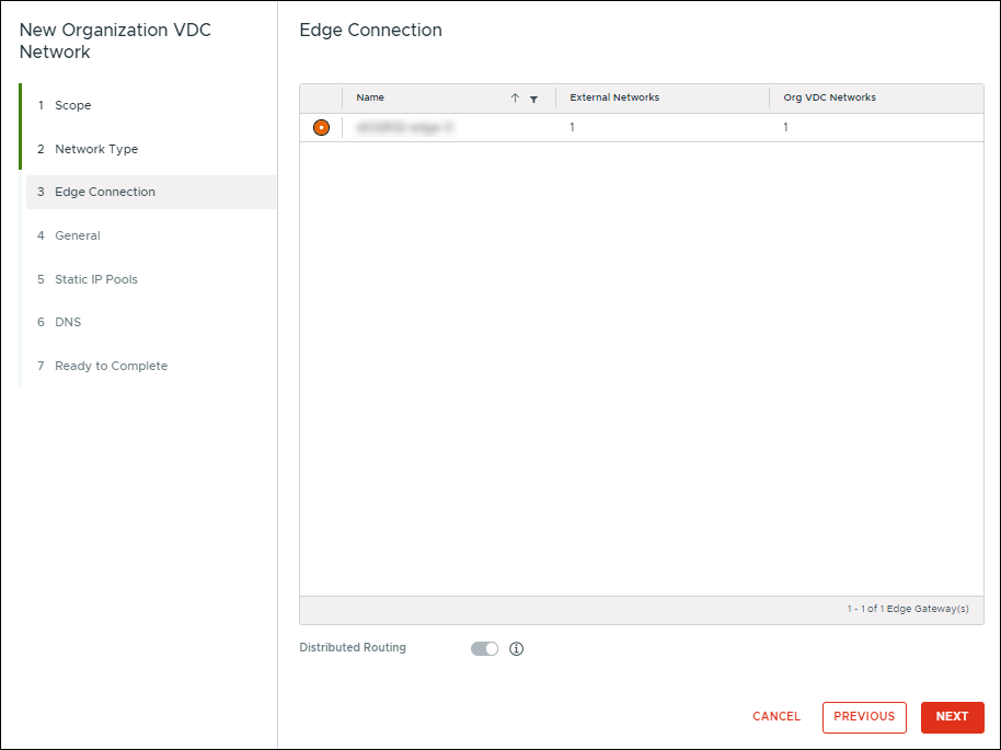 New Organization VDC Network window, Edge Connection section.