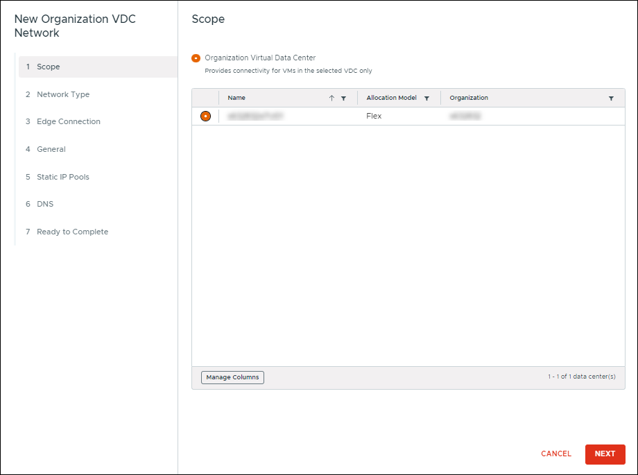 New Organization VDC Network window, Scope section.