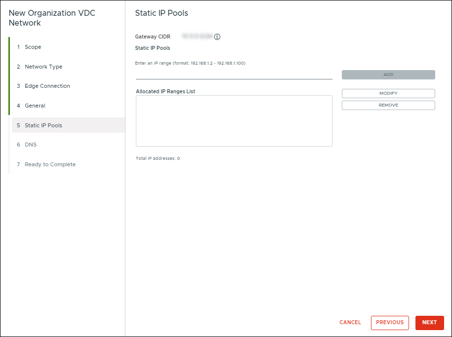 New Organization VDC Network, Static IP Pools section.