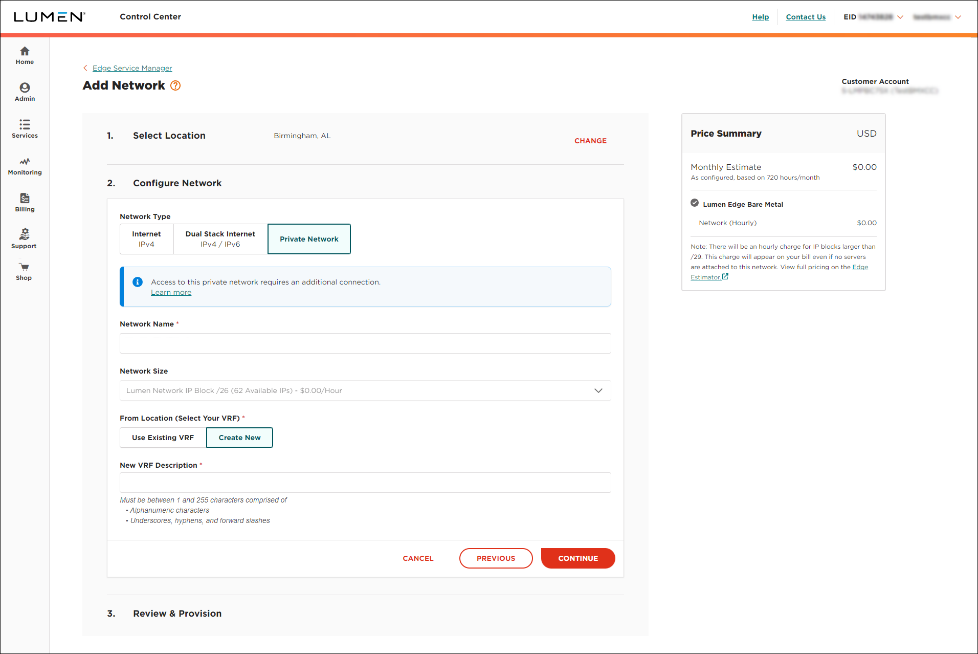 Edge Service Manager add network configure network view