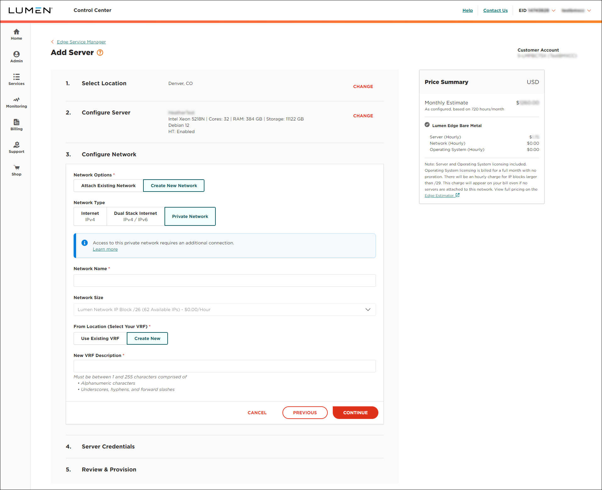 Edge Service Manager add server configure network view