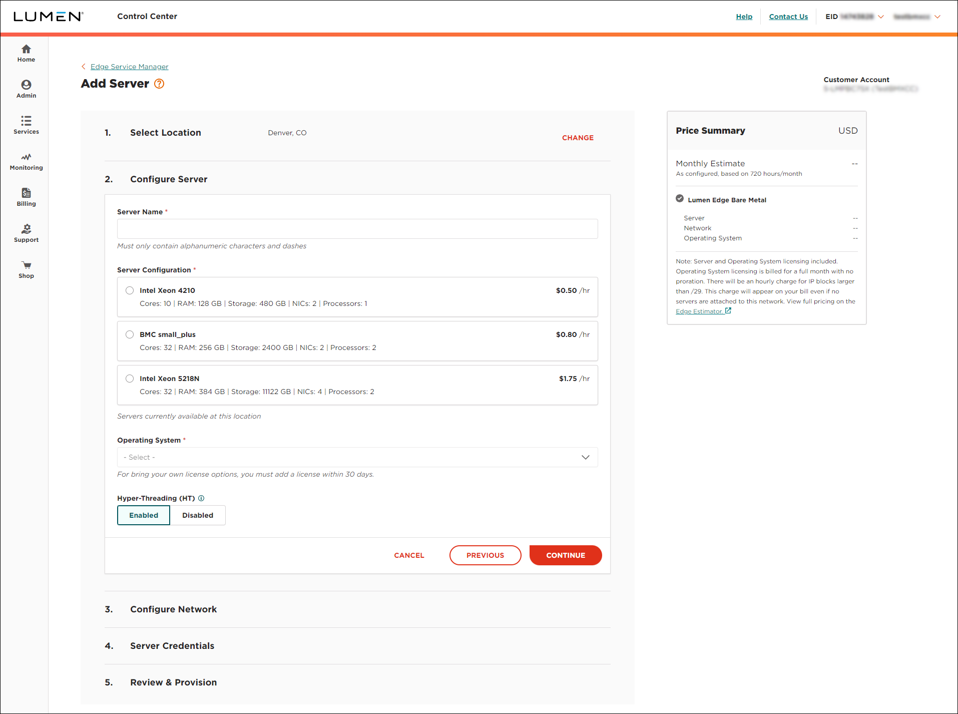 Edge Service Manager add server configure server view