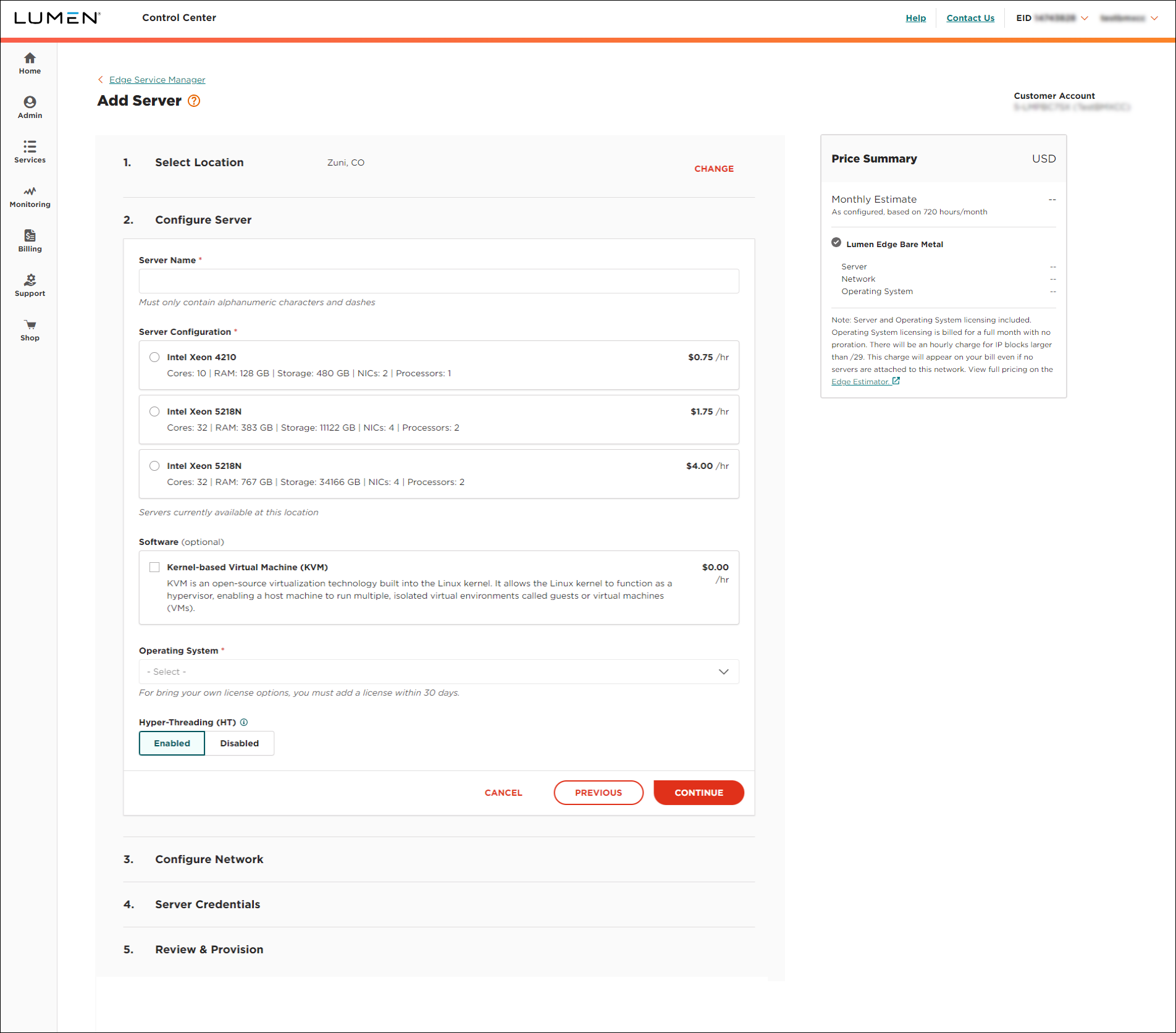 Edge Service Manager add server configure server view