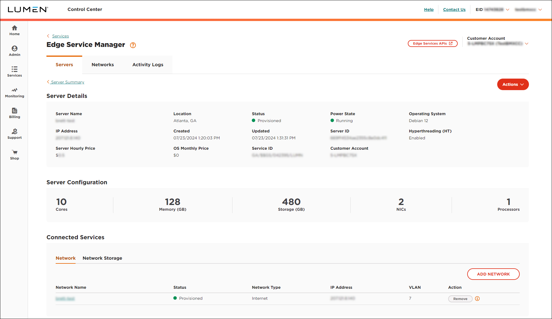 Edge Service Manager server detail view