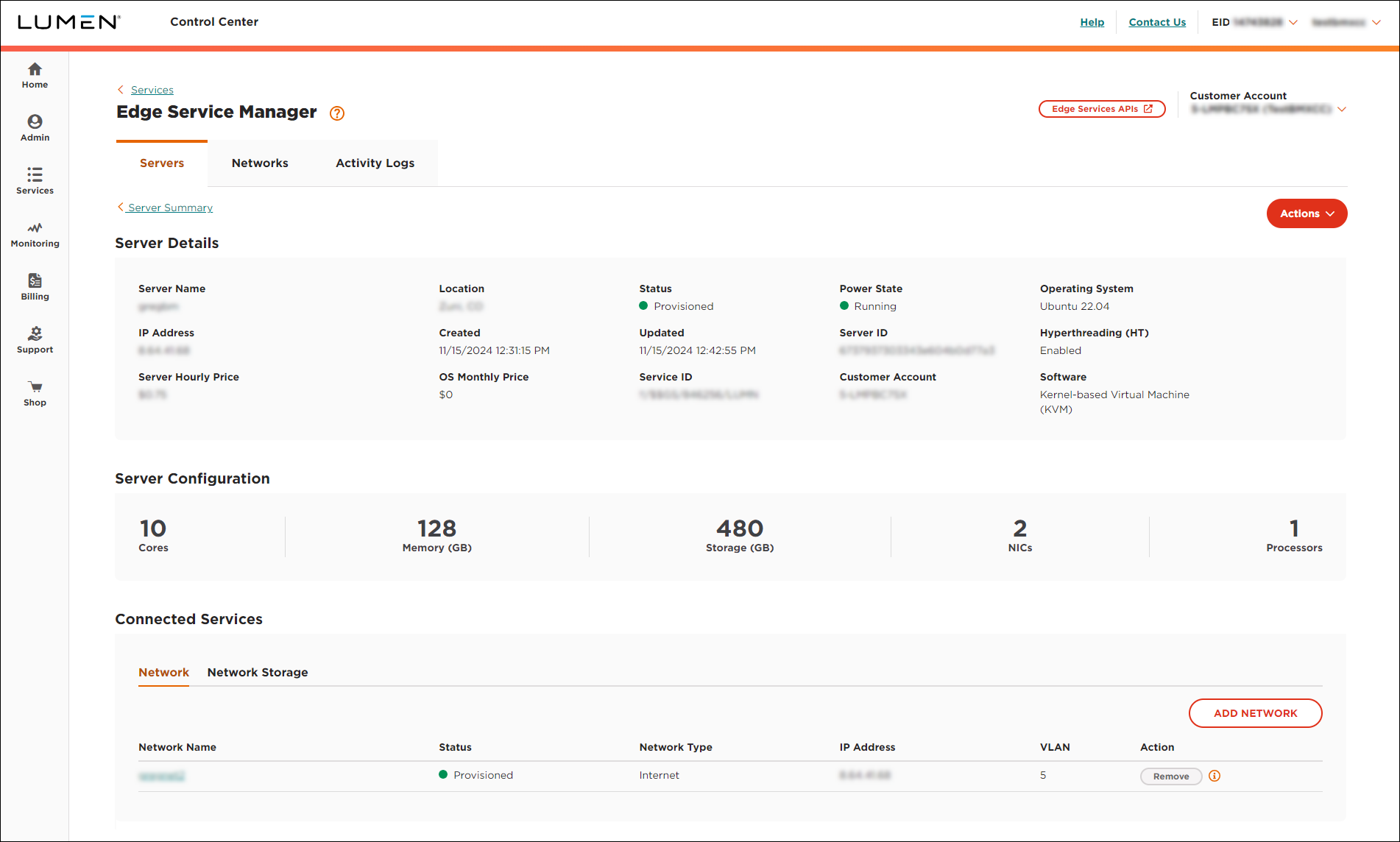 Edge Service Manager server detail view