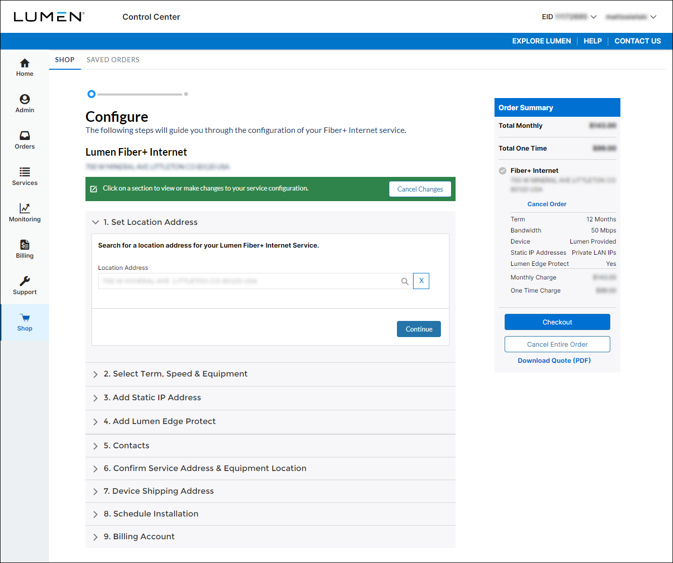 Configure (showing existing Fiber+ Internet)