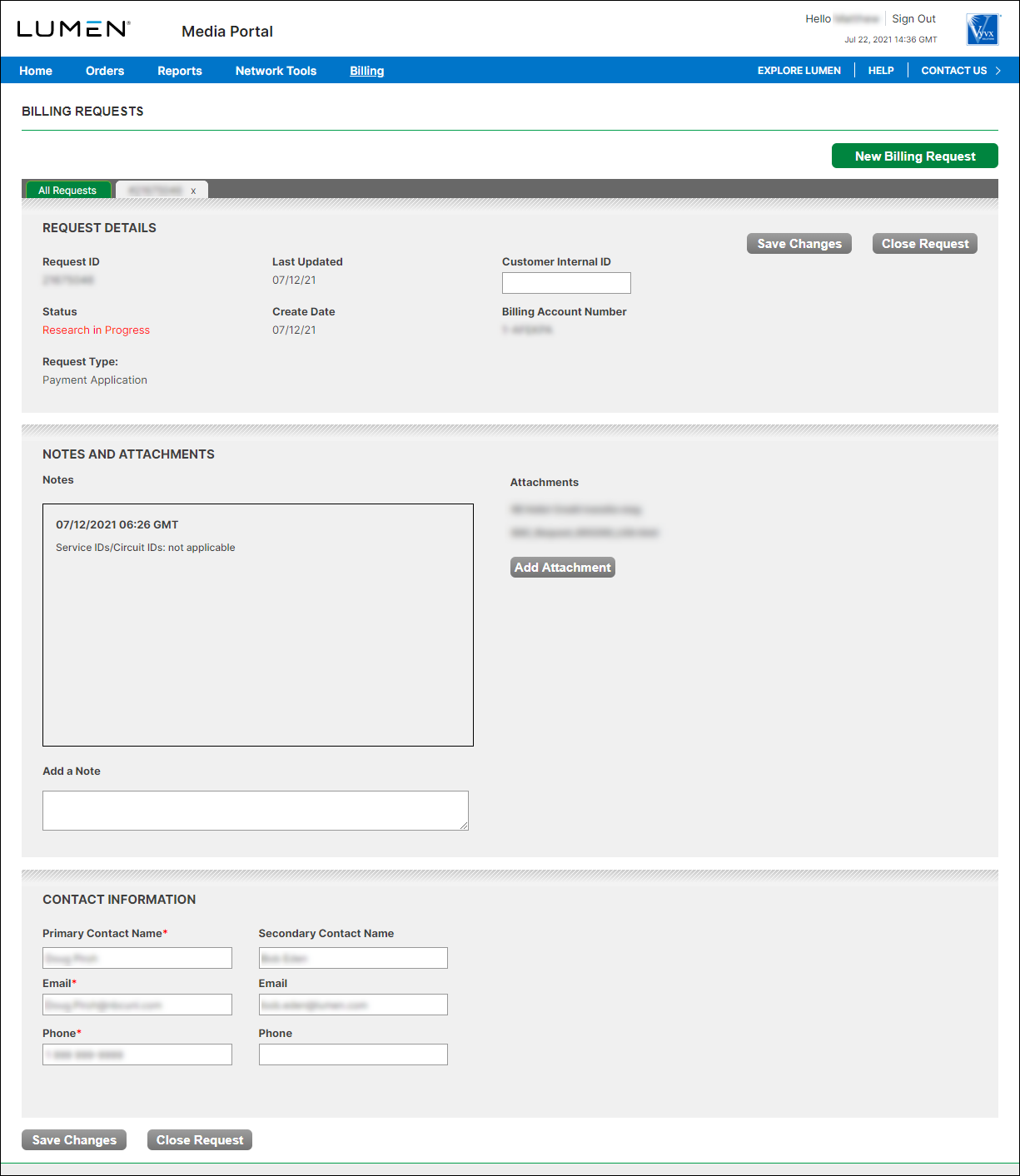 Billing Requests (showing billing request detail)