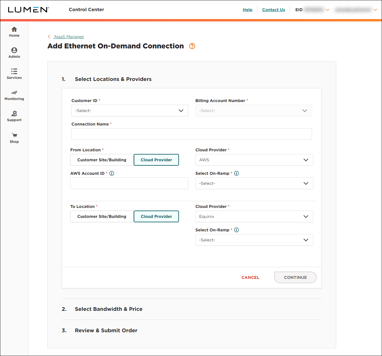 NaaS Ethernet On-Demand connection between AWS and Equinix