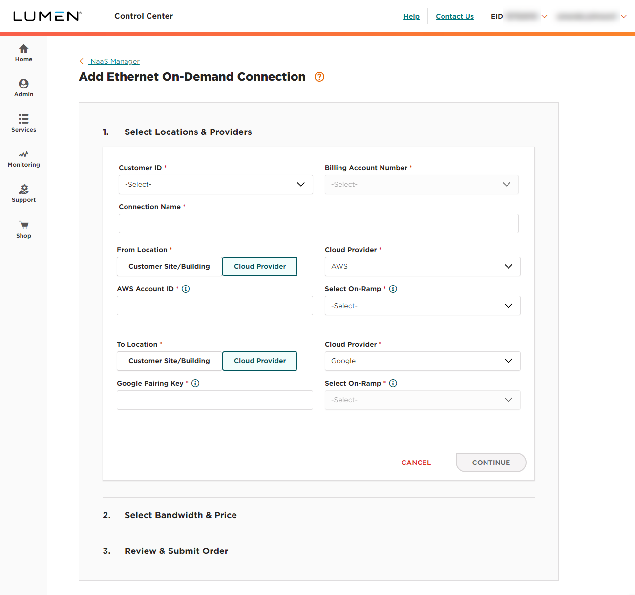 NaaS Ethernet On-Demand connection between AWS and Google