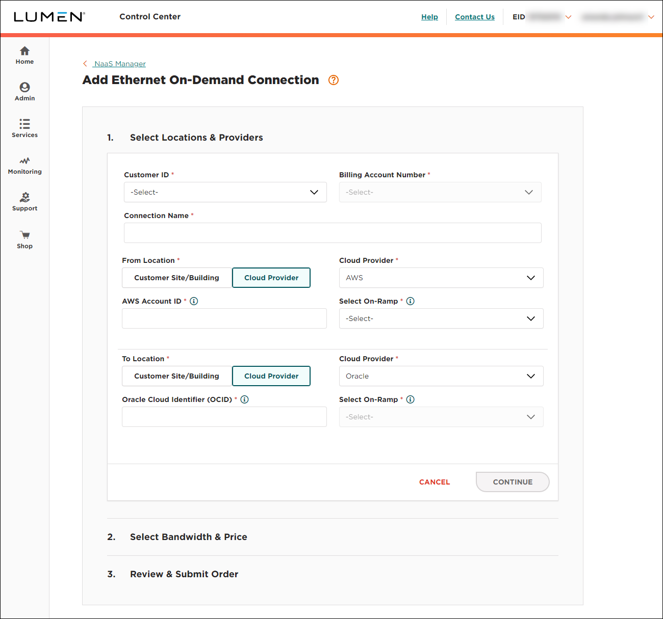 NaaS Ethernet On-Demand connection between AWS and Oracle