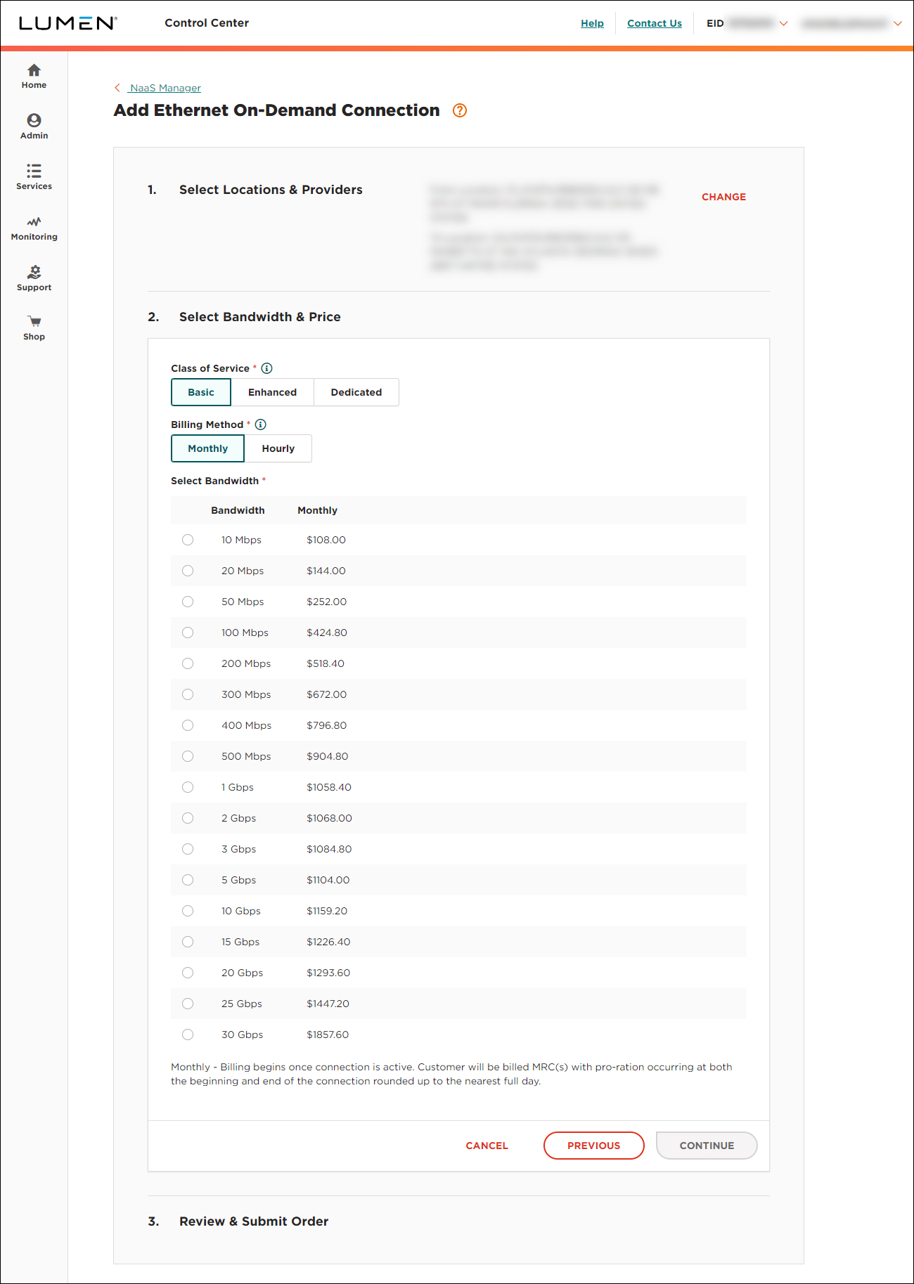 Ethernet On-Demand bandwidth