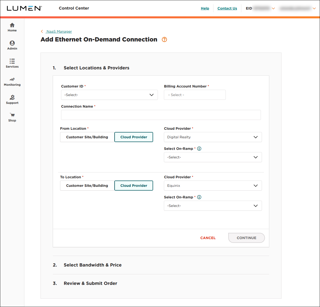 NaaS Ethernet On-Demand connection from Digital Realty to Equinix