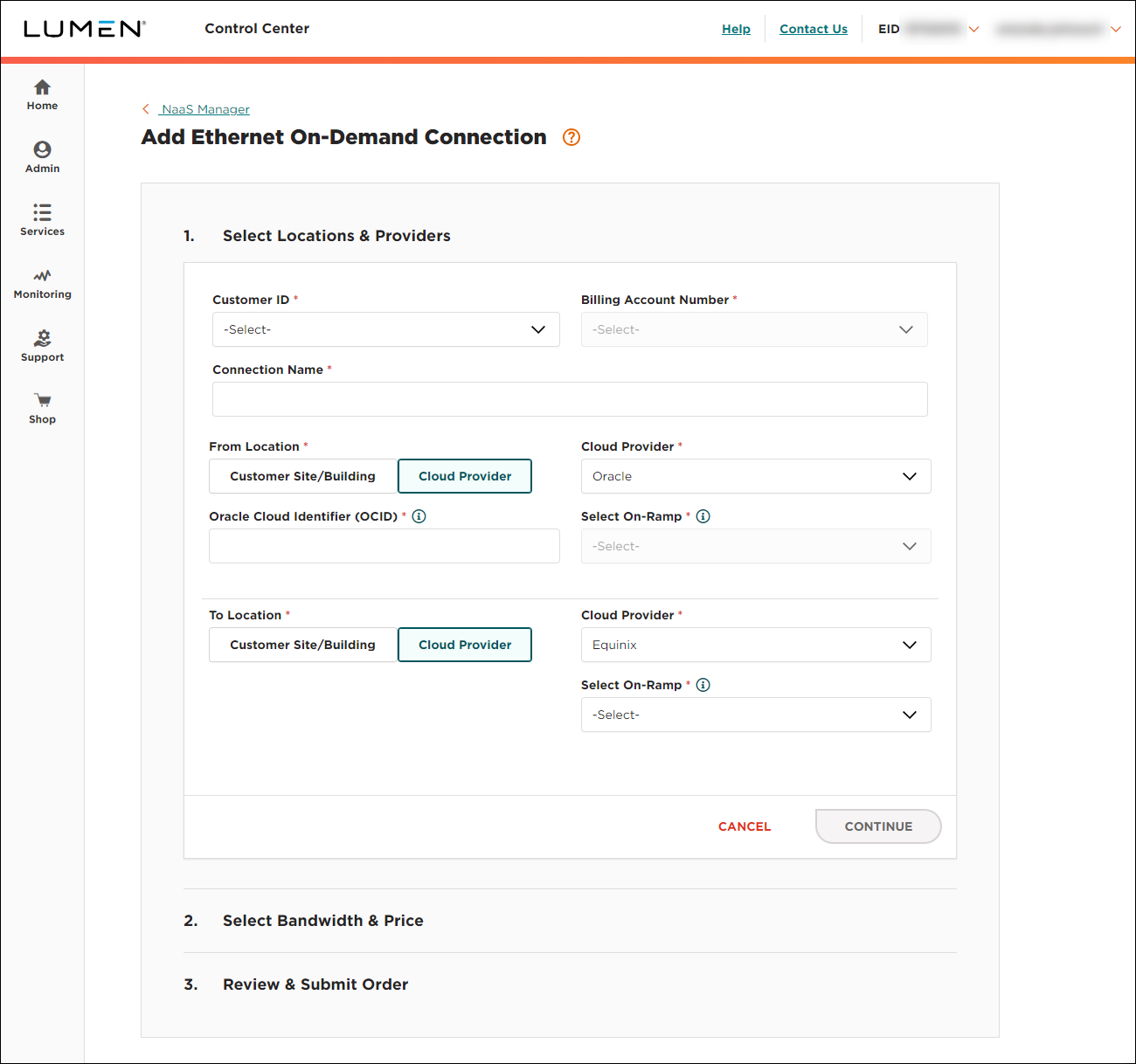 NaaS Ethernet On-Demand connection between Equinix and Oracle