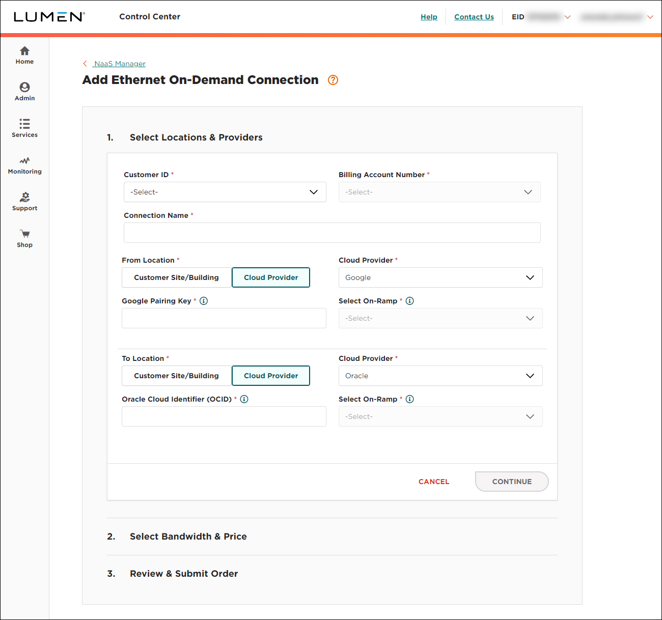 NaaS Ethernet On-Demand connection between Google and Oracle