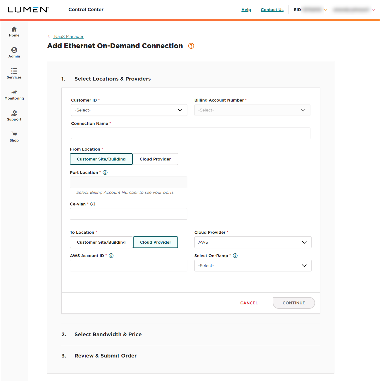 NaaS Ethernet On-Demand connection from your location to AWS