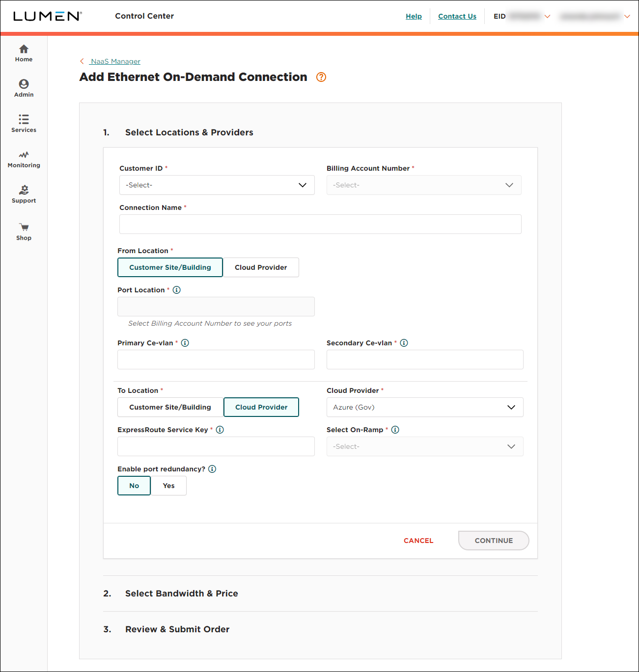 NaaS Ethernet On-Demand connection from your location to Azure Gov