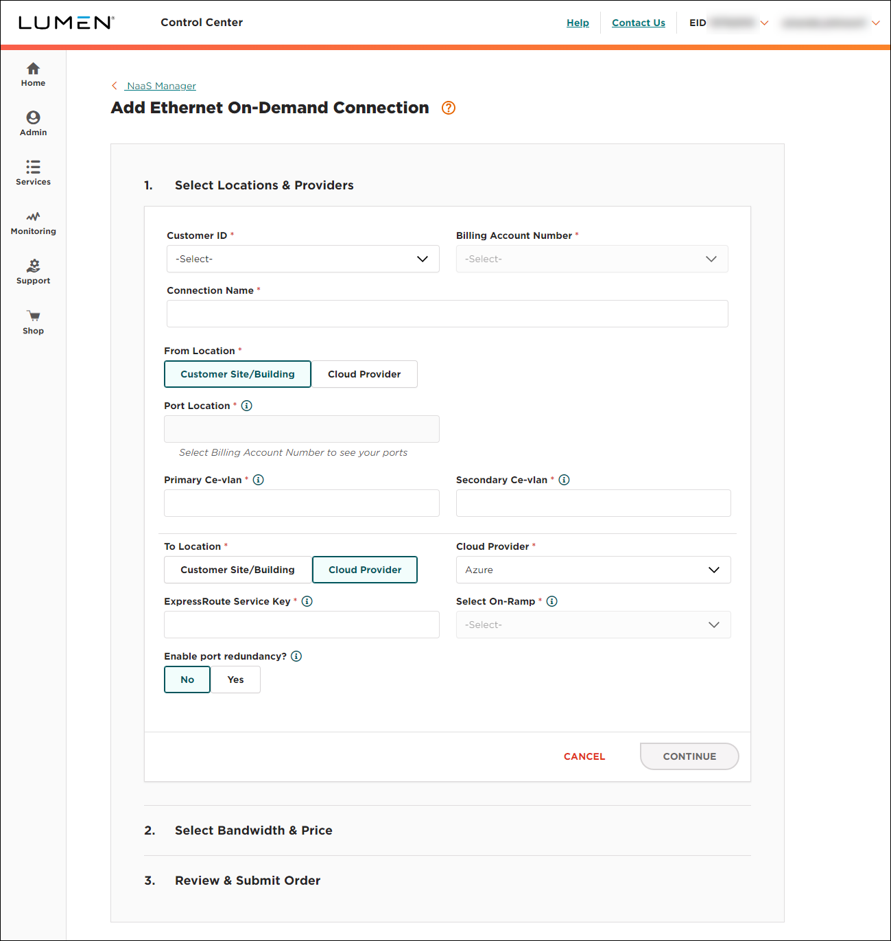 NaaS Ethernet On-Demand connection from your location to Azure