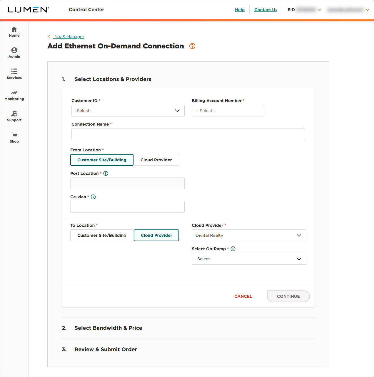 NaaS Ethernet On-Demand connection from your location to Digital Realty