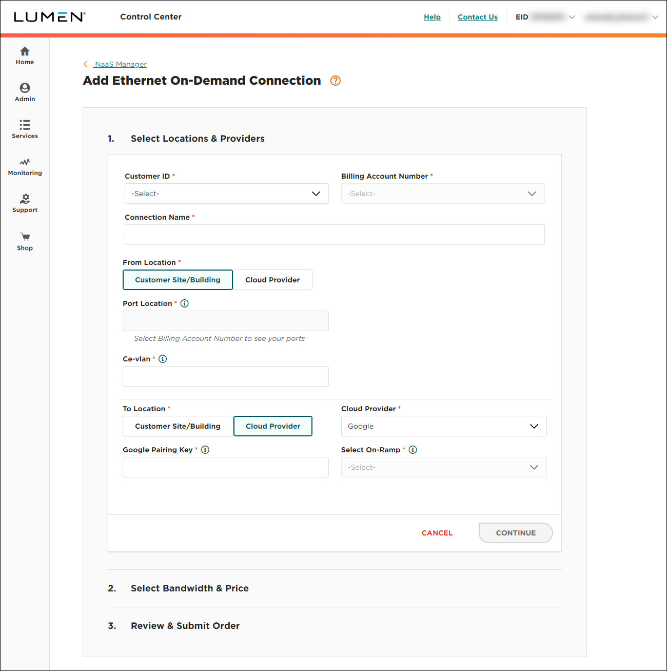 NaaS Ethernet On-Demand connection from your location to Google