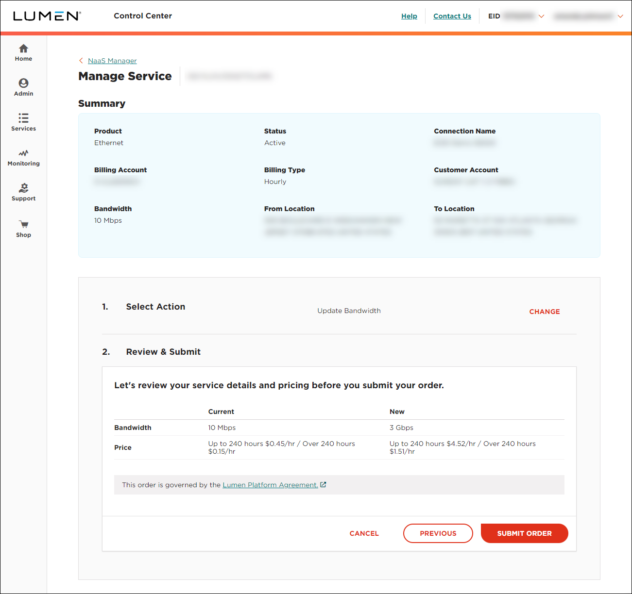 Ethernet On-Demand submit updated bandwidth