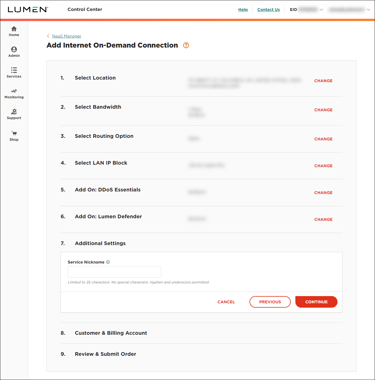 NaaS Internet On-Demand additional settings