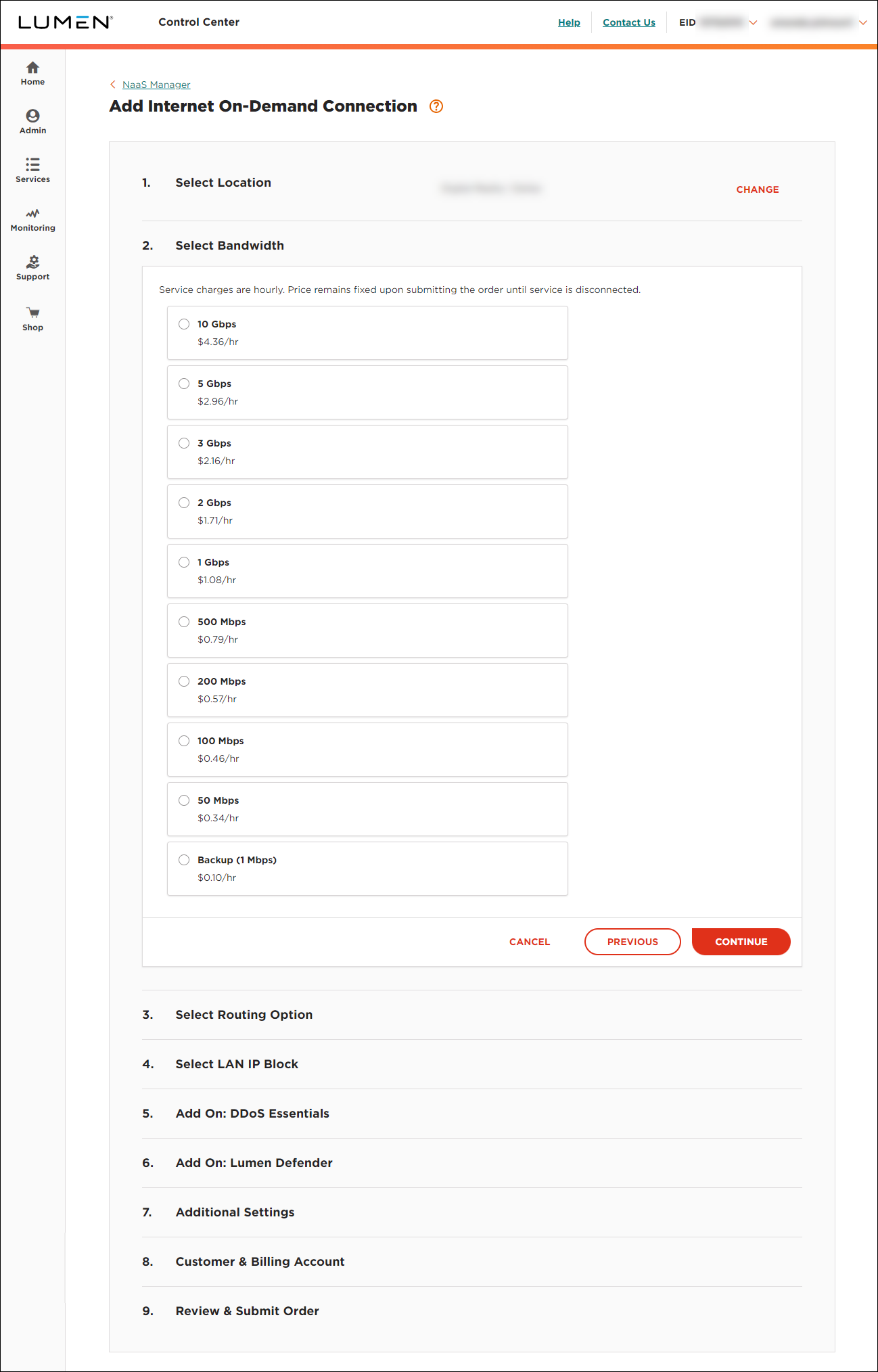 NaaS Internet On-Demand data center select bandwidth