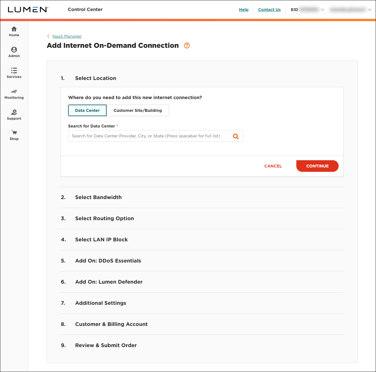 NaaS Internet On-Demand data center select location