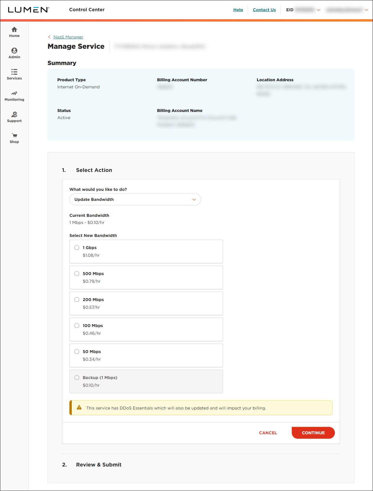 NaaS Manage Service select bandwidth