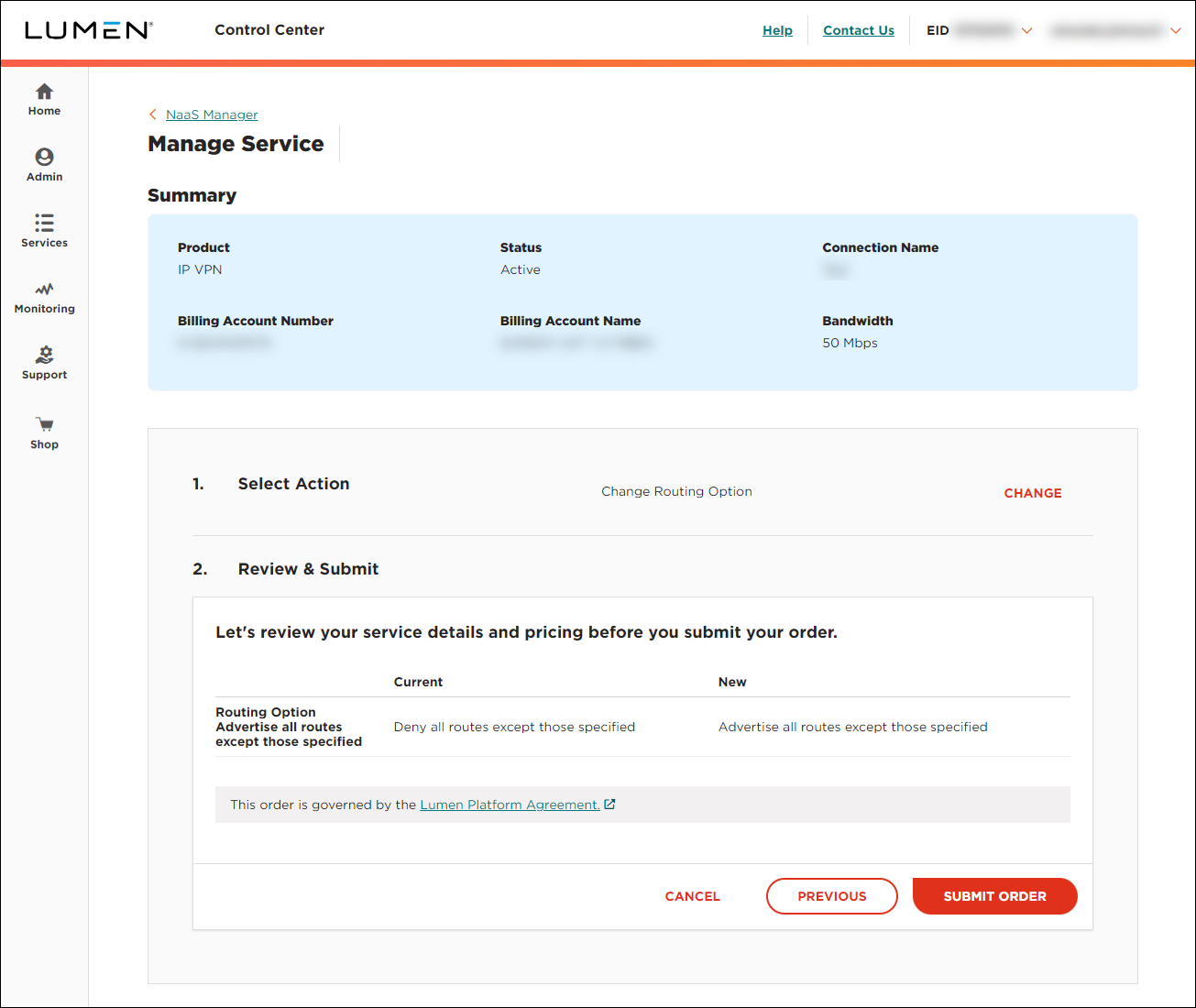 IP VPN On-Demand change routing option submit order