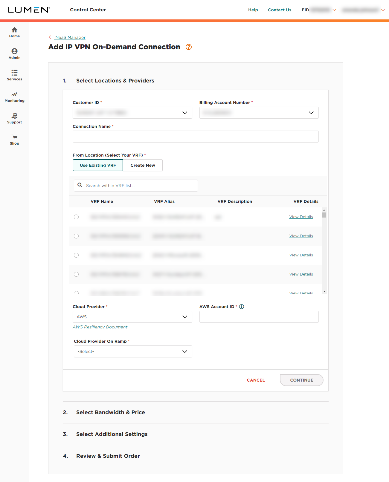 NaaS Manager Services tab