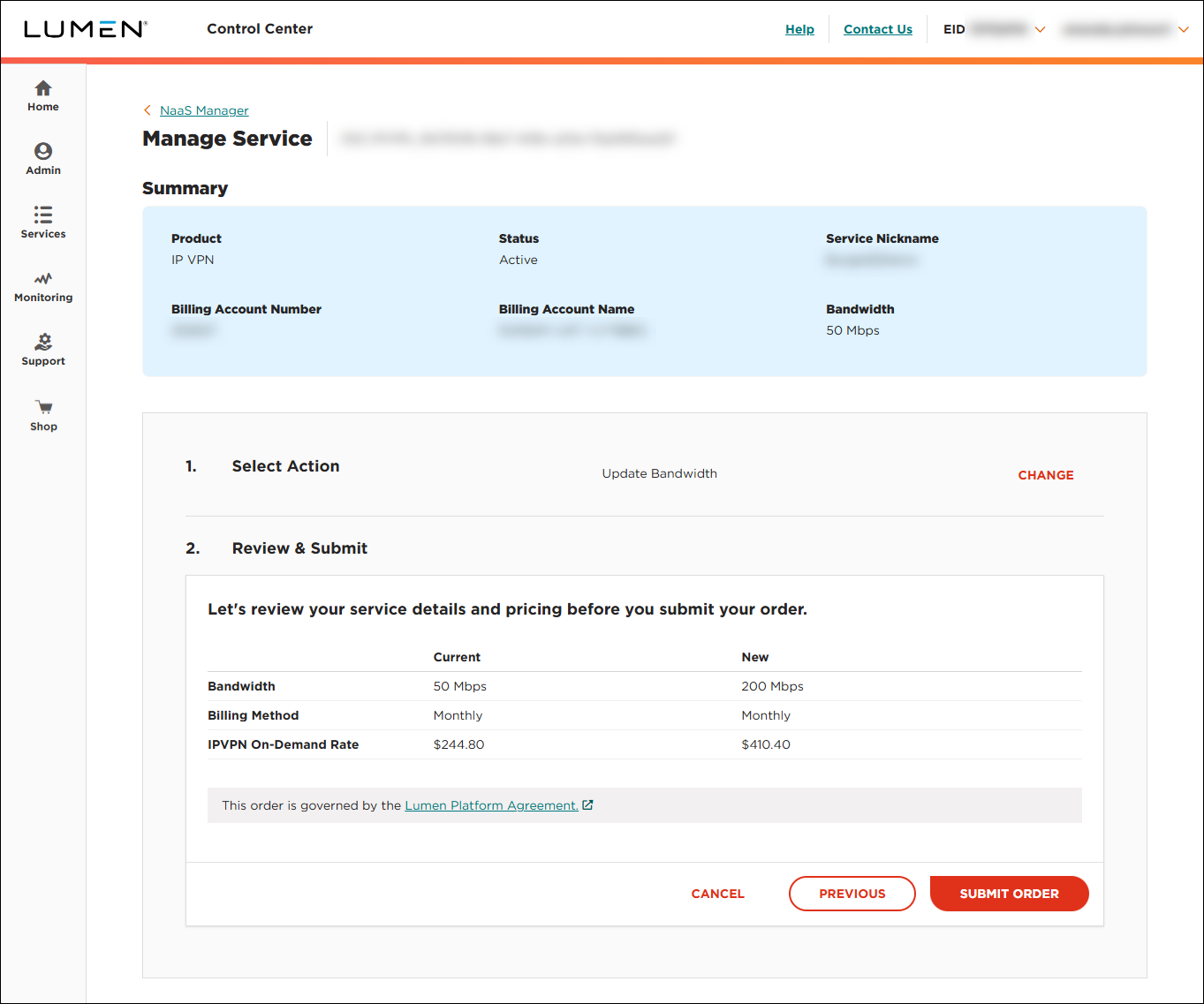 IP VPN On-Demand update bandwidth submit order